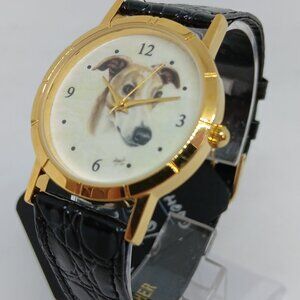 Greyhound 33mm Women's Gold Tone Black Leather Band Dog Watch